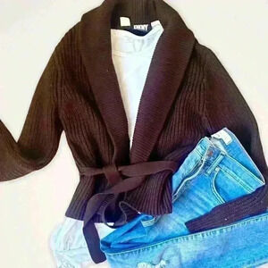 DKNY Tie Waist Cropped Wool Open Sweater